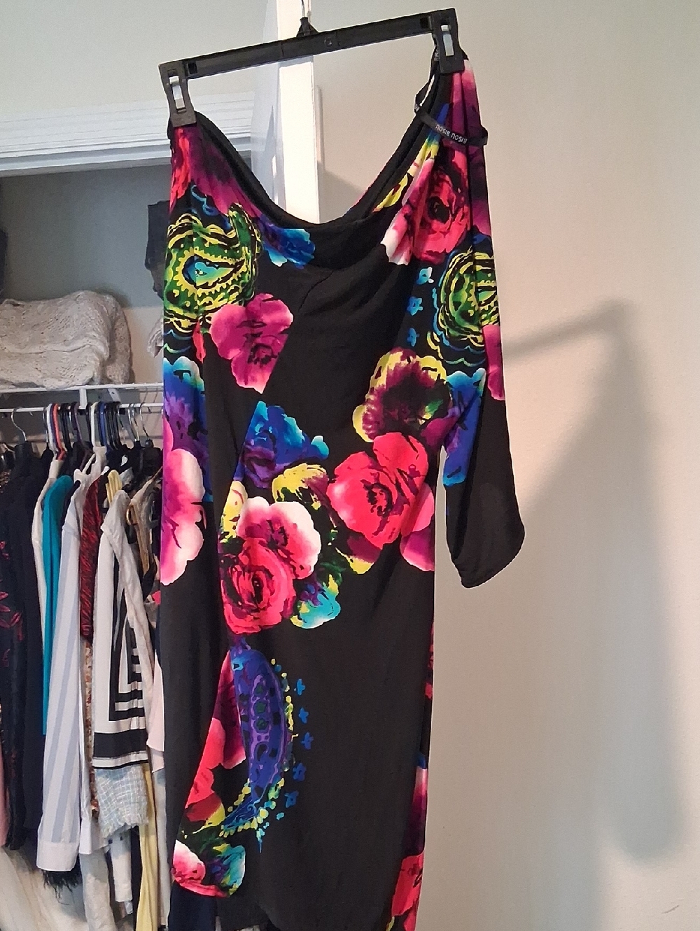 Black One-Shoulder Dress with Bright Floral Print